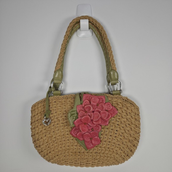 Brighton Handbags - Brighton Shoulder Bag Tan Wicker Pink Leather Flower Accent Top Carry Handles